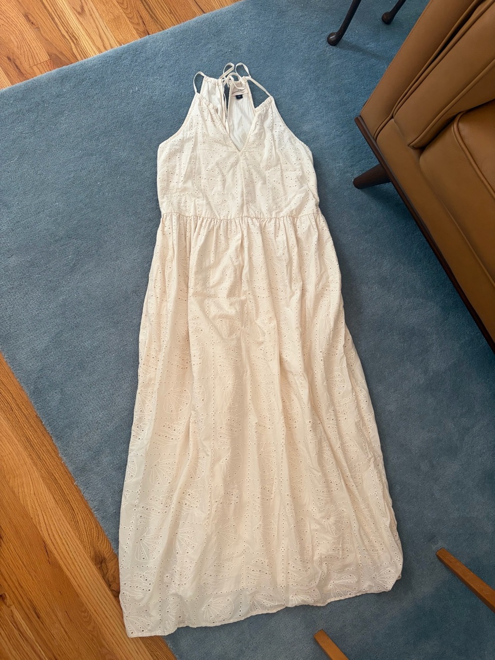 Ivory eyelet 100% cotton shell embroidered maxi halter dress, size S
